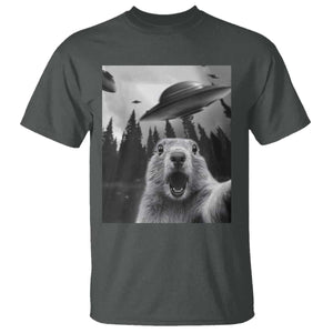 Funny Groundhog Selfie With Alien UFOs Weird Ground Hog Day T Shirt TS11 Dark Heather Print Your Wear