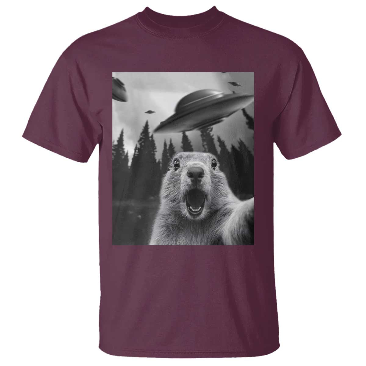 Funny Groundhog Selfie With Alien UFOs Weird Ground Hog Day T Shirt TS11 Maroon Print Your Wear