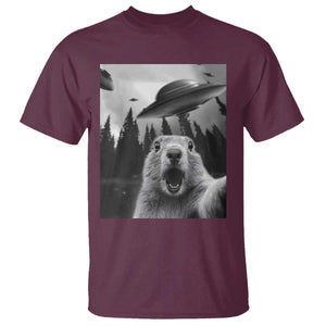 Funny Groundhog Selfie With Alien UFOs Weird Ground Hog Day T Shirt TS11 Maroon Print Your Wear