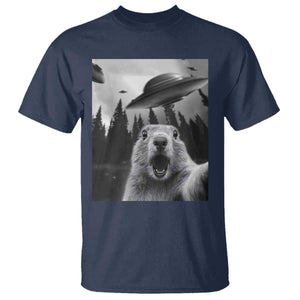 Funny Groundhog Selfie With Alien UFOs Weird Ground Hog Day T Shirt TS11 Navy Print Your Wear