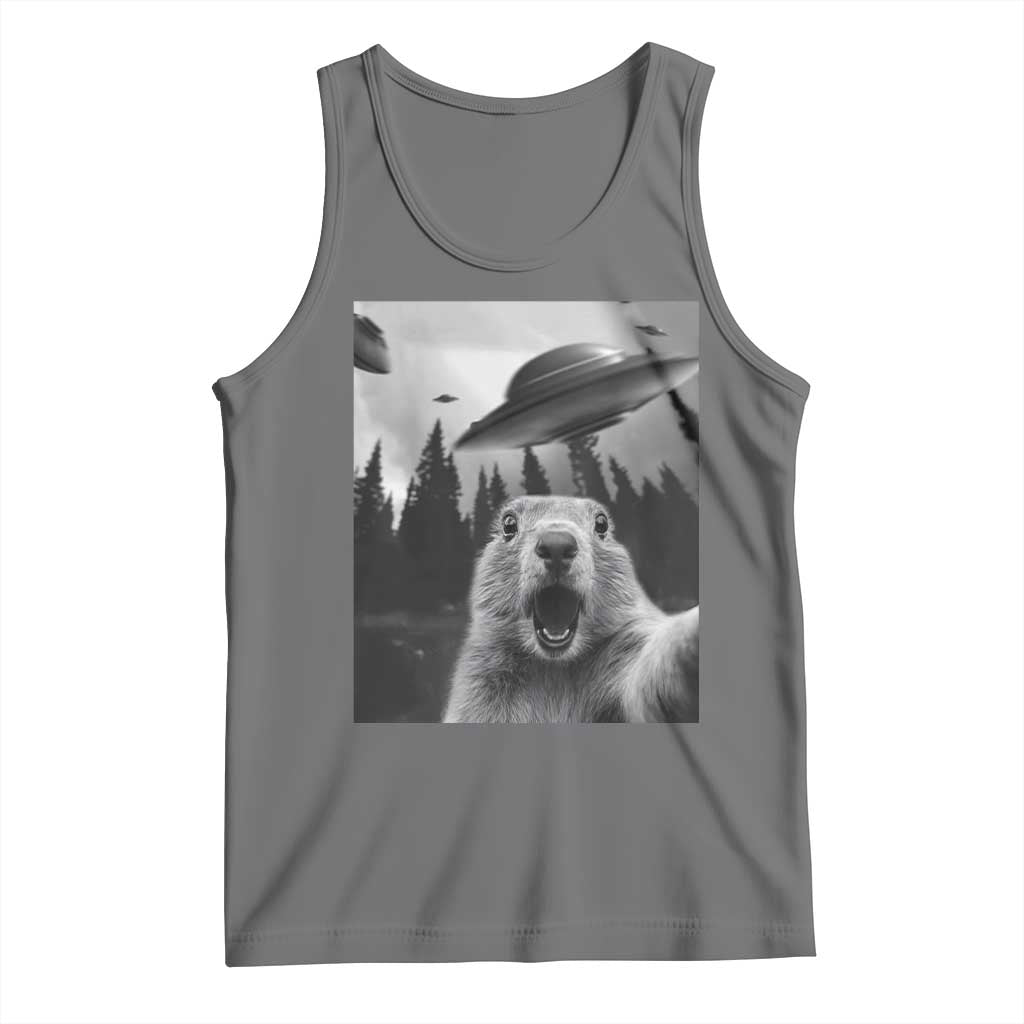 Funny Groundhog Selfie With Alien UFOs Weird Ground Hog Day Tank Top TS11 Black Heather Print Your Wear