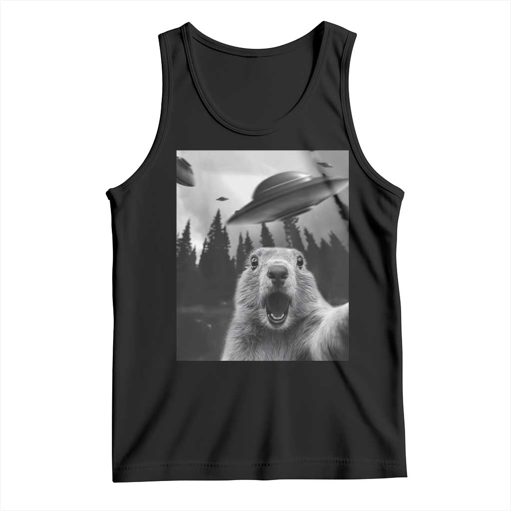 Funny Groundhog Selfie With Alien UFOs Weird Ground Hog Day Tank Top TS11 Black Print Your Wear