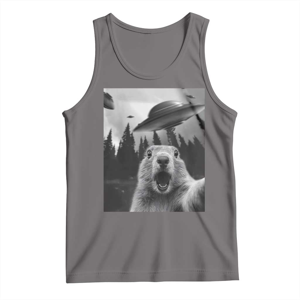 Funny Groundhog Selfie With Alien UFOs Weird Ground Hog Day Tank Top TS11 Deep Heather Print Your Wear
