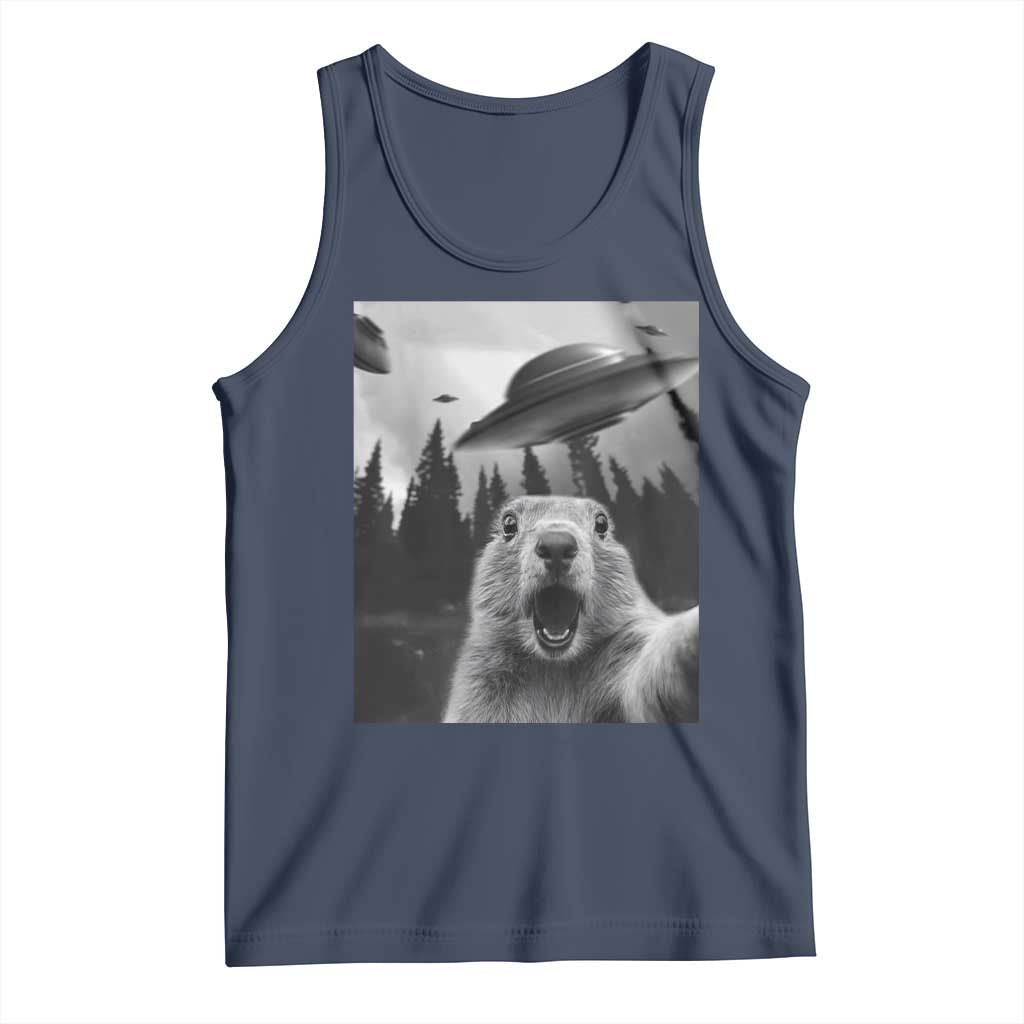 Funny Groundhog Selfie With Alien UFOs Weird Ground Hog Day Tank Top TS11 Navy Print Your Wear
