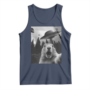 Funny Groundhog Selfie With Alien UFOs Weird Ground Hog Day Tank Top TS11 Navy Print Your Wear