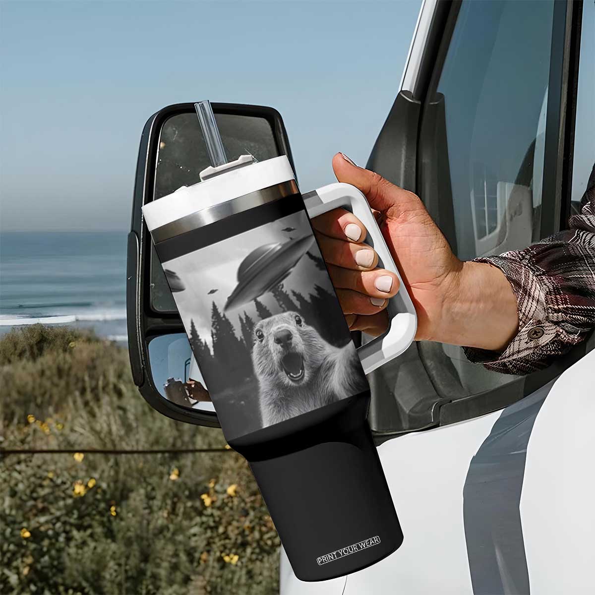 Funny Groundhog Selfie With Alien UFOs Weird Ground Hog Day Tumbler With Handle TS11 Print Your Wear