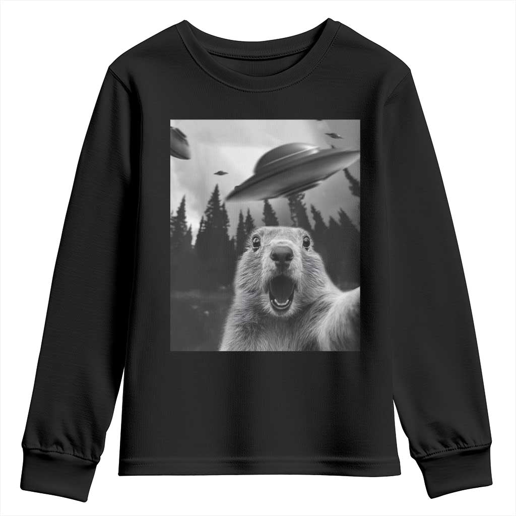 Funny Groundhog Selfie With Alien UFOs Weird Ground Hog Day Youth Sweatshirt TS11 Black Print Your Wear