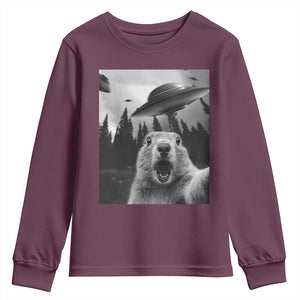 Funny Groundhog Selfie With Alien UFOs Weird Ground Hog Day Youth Sweatshirt TS11 Maroon Print Your Wear