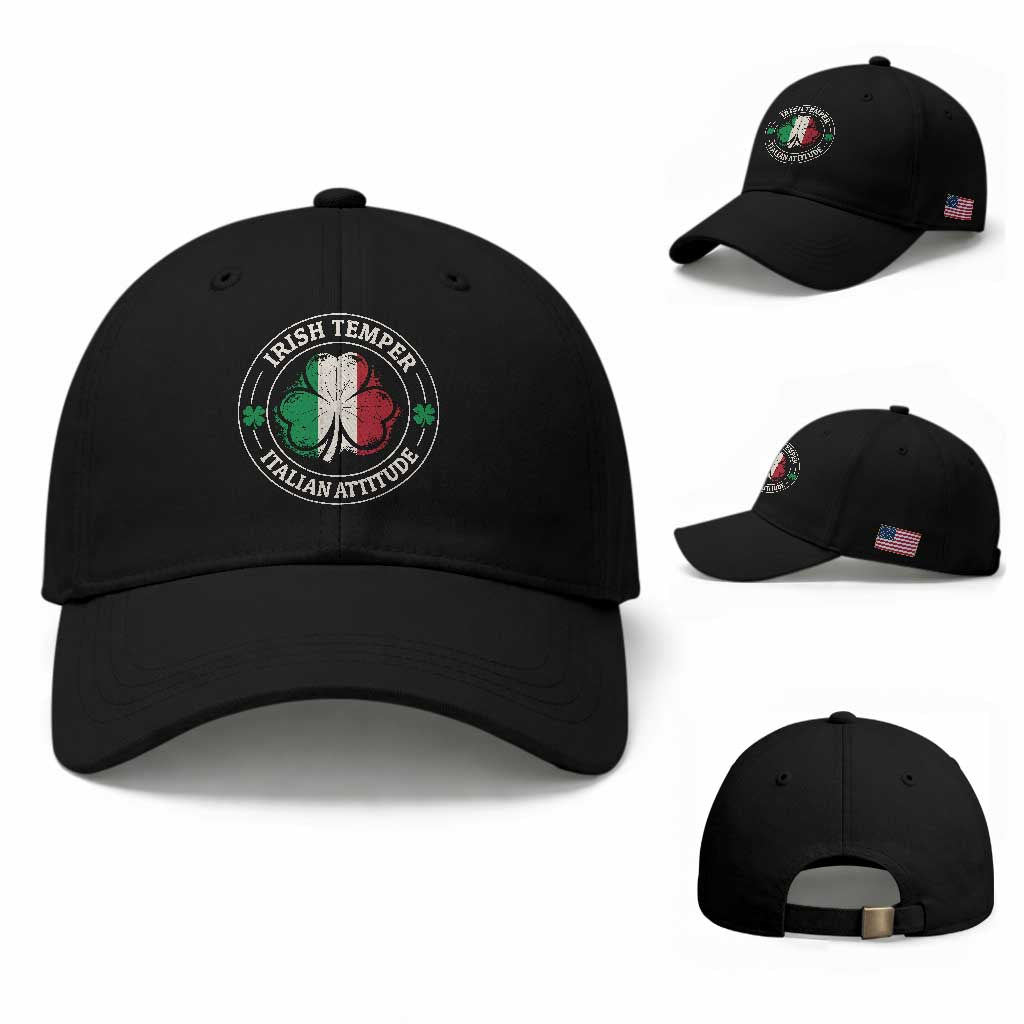 Funny Irish Temper Italian Attitude Baseball Cap Irish Italian Pride Vintage Shamrock TS11 Baseball Cap Universal Fit Black Print Your Wear