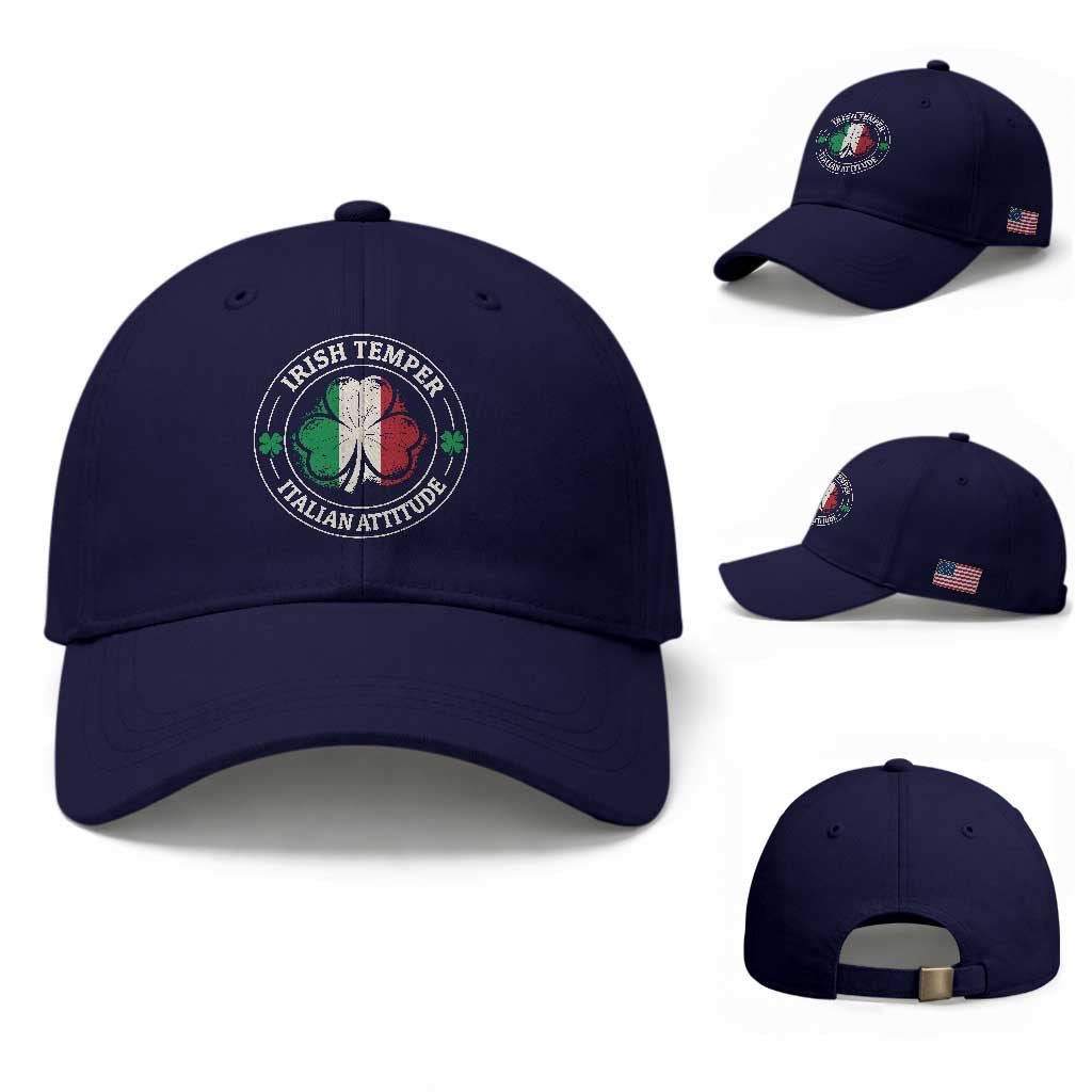 Funny Irish Temper Italian Attitude Baseball Cap Irish Italian Pride Vintage Shamrock TS11 Baseball Cap Universal Fit Dark Blue Print Your Wear