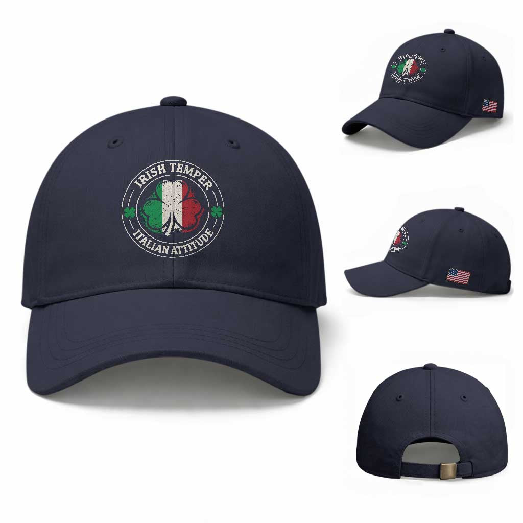 Funny Irish Temper Italian Attitude Baseball Cap Irish Italian Pride Vintage Shamrock TS11 Baseball Cap Universal Fit Navy Print Your Wear