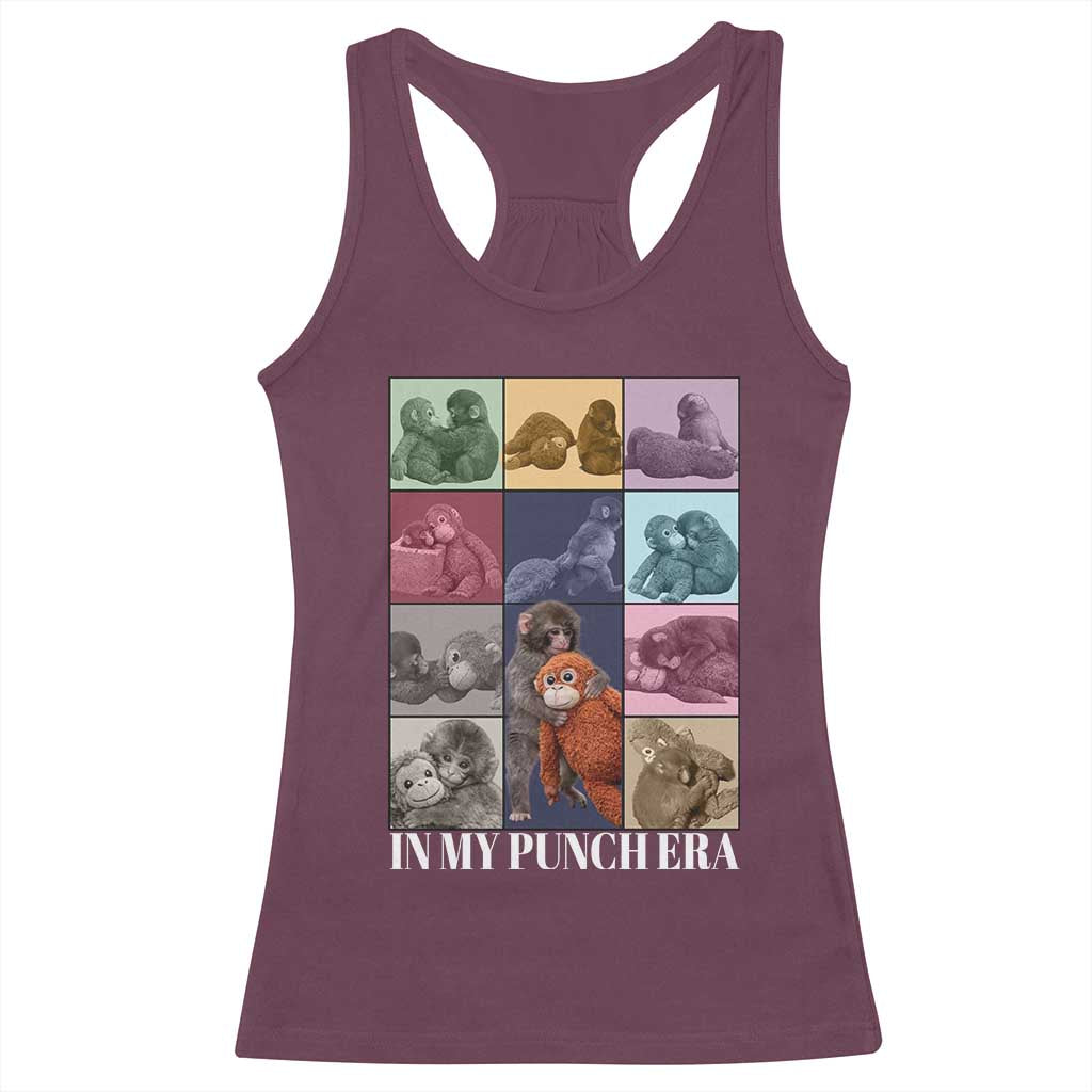 Punch The Monkey Racerback Tank Top In My Punch Era Baby Monkey Hugging Plush TS11 Maroon Print Your Wear