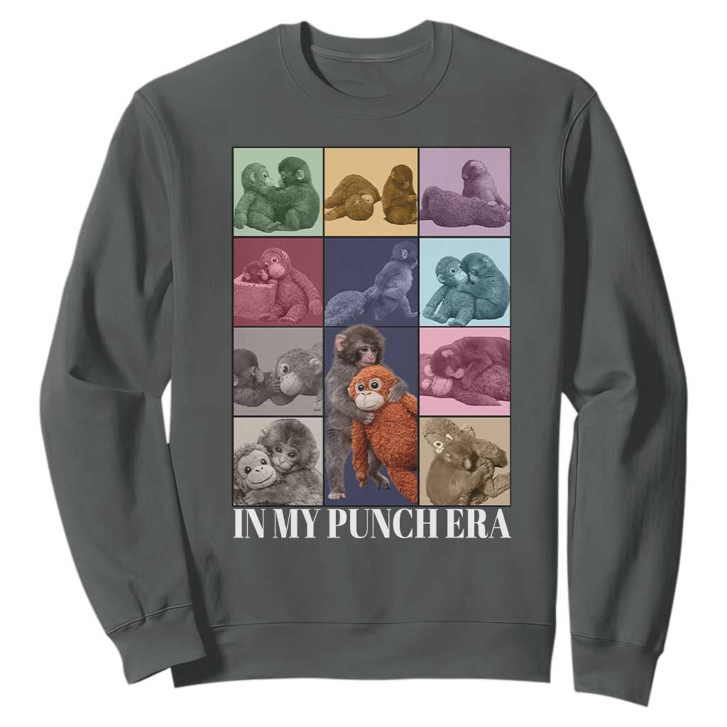 Punch The Monkey Sweatshirt In My Punch Era Baby Monkey Hugging Plush TS11 Dark Heather Print Your Wear