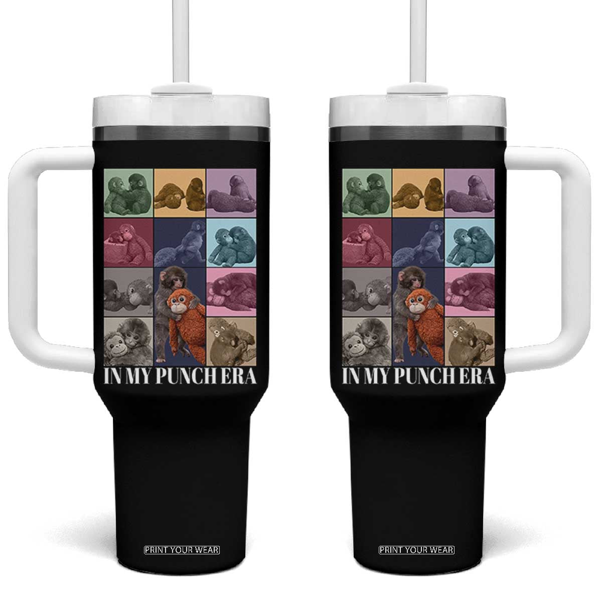 Punch The Monkey Tumbler With Handle In My Punch Era Baby Monkey Hugging Plush TS11 One Size: 40 oz Black Print Your Wear