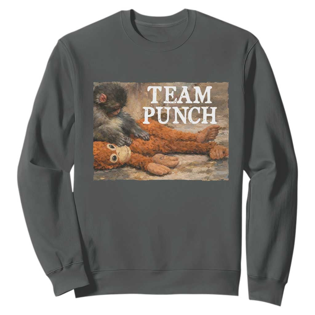 Team Punch Baby Monkey Plush Hugging Meme Sweatshirt TS11 Dark Heather Print Your Wear