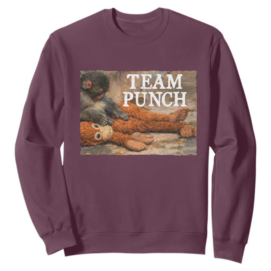 Team Punch Baby Monkey Plush Hugging Meme Sweatshirt TS11 Maroon Print Your Wear