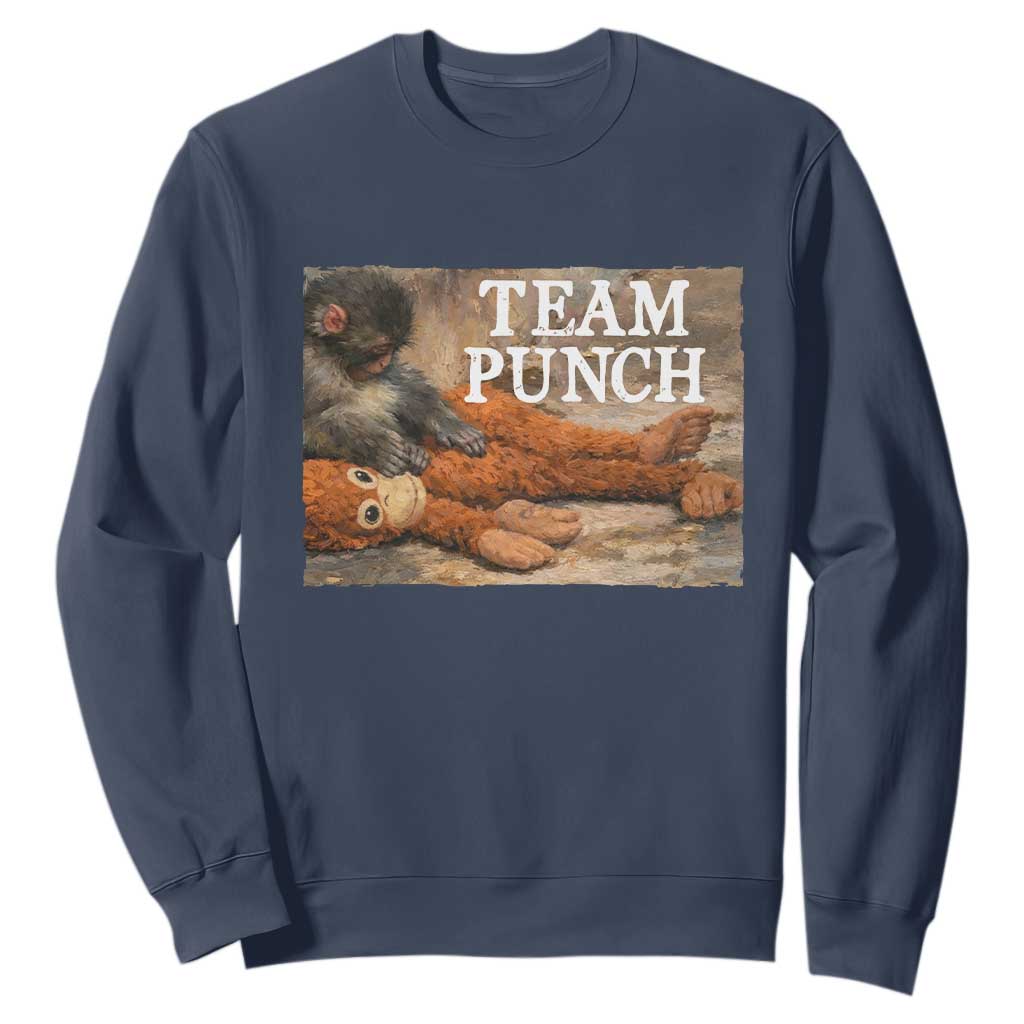 Team Punch Baby Monkey Plush Hugging Meme Sweatshirt TS11 Navy Print Your Wear