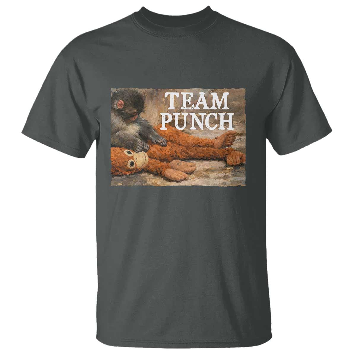 Team Punch Baby Monkey Plush Hugging Meme T Shirt TS11 Dark Heather Print Your Wear