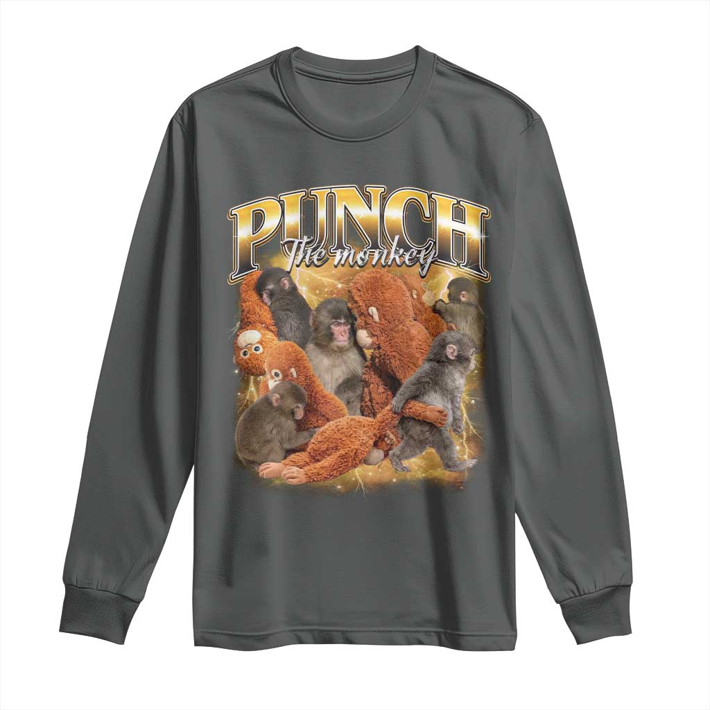 Punch The Monkey Long Sleeve Shirt Baby Monkey Punch Plush Hugging 90s Bootleg TS11 Dark Heather Print Your Wear
