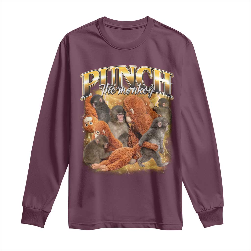 Punch The Monkey Long Sleeve Shirt Baby Monkey Punch Plush Hugging 90s Bootleg TS11 Maroon Print Your Wear