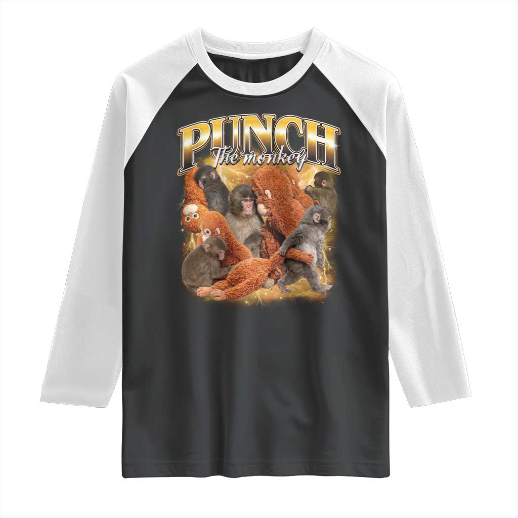 Punch The Monkey Raglan Shirt Baby Monkey Punch Plush Hugging 90s Bootleg TS11 Black White Print Your Wear