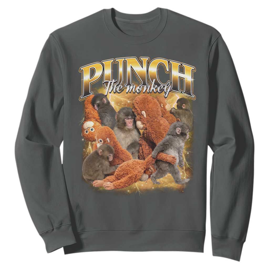 Punch The Monkey Sweatshirt Baby Monkey Punch Plush Hugging 90s Bootleg TS11 Dark Heather Print Your Wear