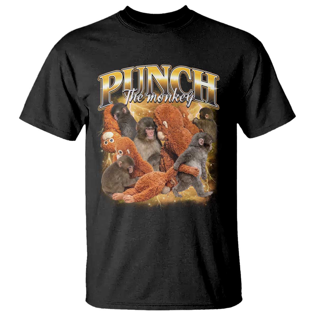 Punch The Monkey T Shirt - Baby Monkey Punch Plush Hugging - 90s Bootleg Style TS11 Black Print Your Wear