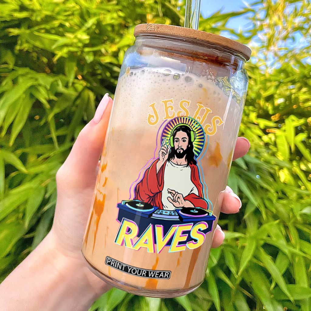 Funny Jesus DJ Raves Techno EDM Party Glass Can TS11 Black Print Your Wear