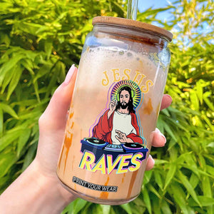 Funny Jesus DJ Raves Techno EDM Party Glass Can TS11 Black Print Your Wear