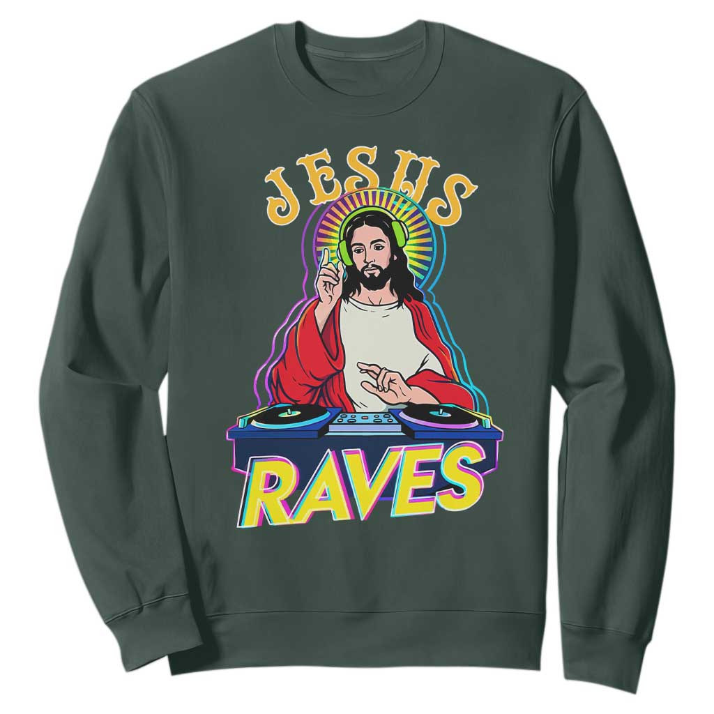 Funny Jesus DJ Raves Techno EDM Party Sweatshirt TS11 Dark Forest Green Print Your Wear