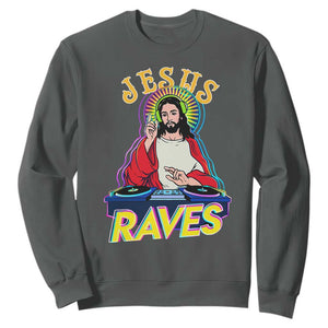 Funny Jesus DJ Raves Techno EDM Party Sweatshirt TS11 Dark Heather Print Your Wear