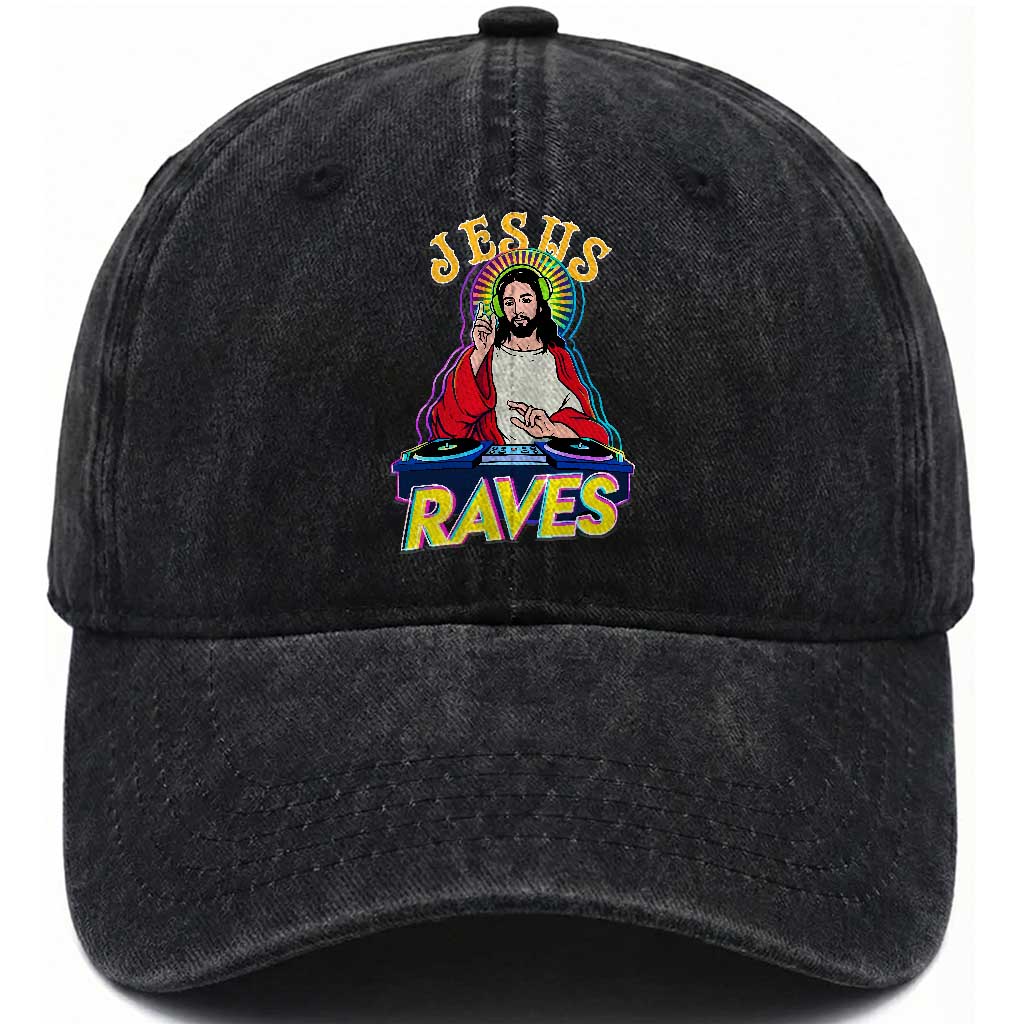 Funny Jesus DJ Raves Techno EDM Party Washed Cotton Baseball Cap TS11 Washed Cap Universal Fit Black Print Your Wear