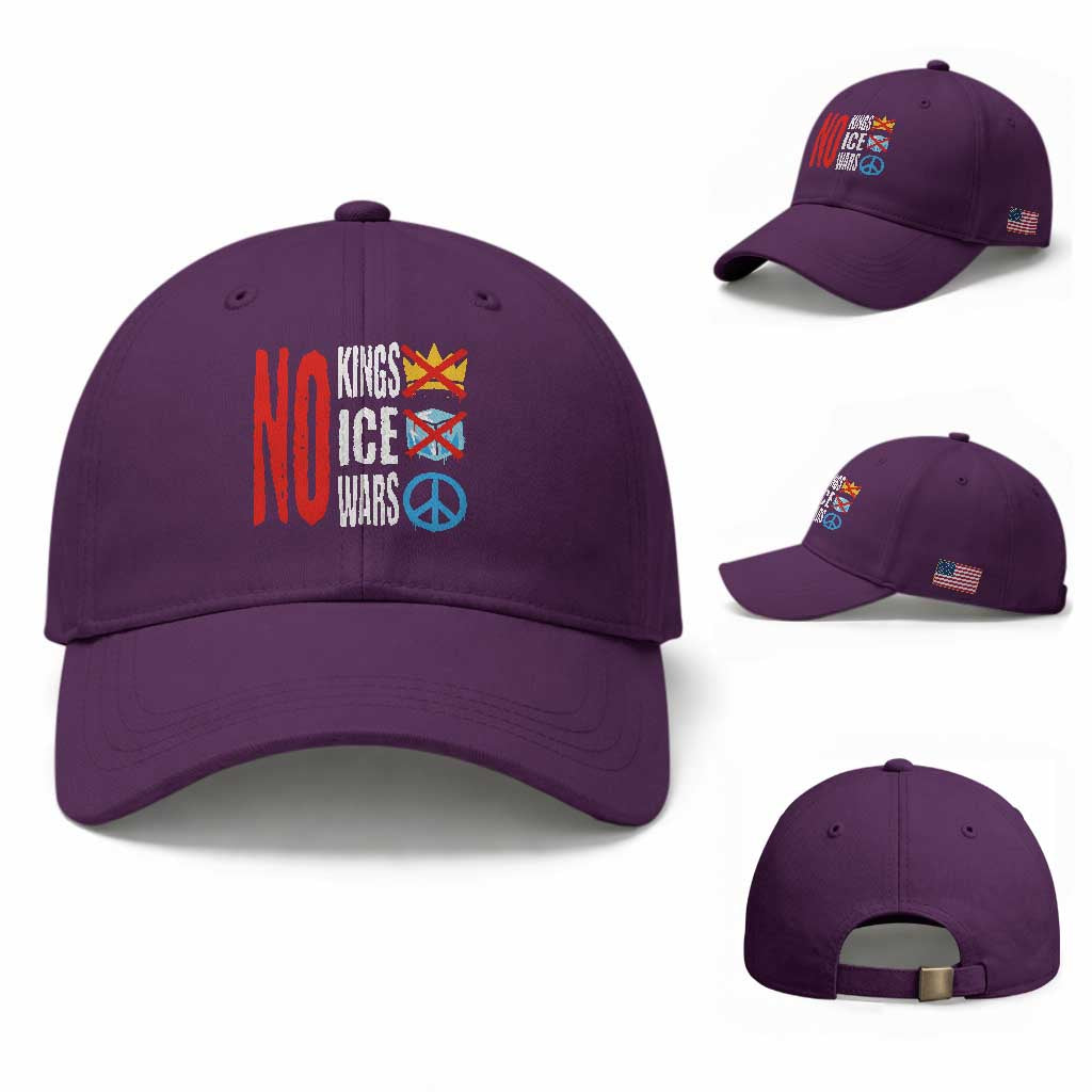 No Kings No Ice No Wars Baseball Cap Political Protest Peace Sign TS11 Baseball Cap Universal Fit Purple Print Your Wear