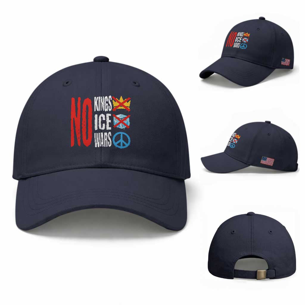 No Kings No Ice No Wars Baseball Cap Political Protest Peace Sign TS11 Baseball Cap Universal Fit Navy Print Your Wear