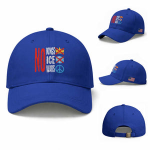 No Kings No Ice No Wars Baseball Cap Political Protest Peace Sign TS11 Baseball Cap Universal Fit Royal Blue Print Your Wear