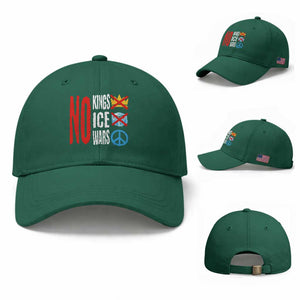 No Kings No Ice No Wars Baseball Cap Political Protest Peace Sign TS11 Baseball Cap Universal Fit Irish Green Print Your Wear