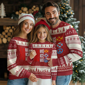 No Kings No Ice No Wars Ugly Christmas Sweater Political Protest Peace Sign TS11 Red Beige Print Your Wear