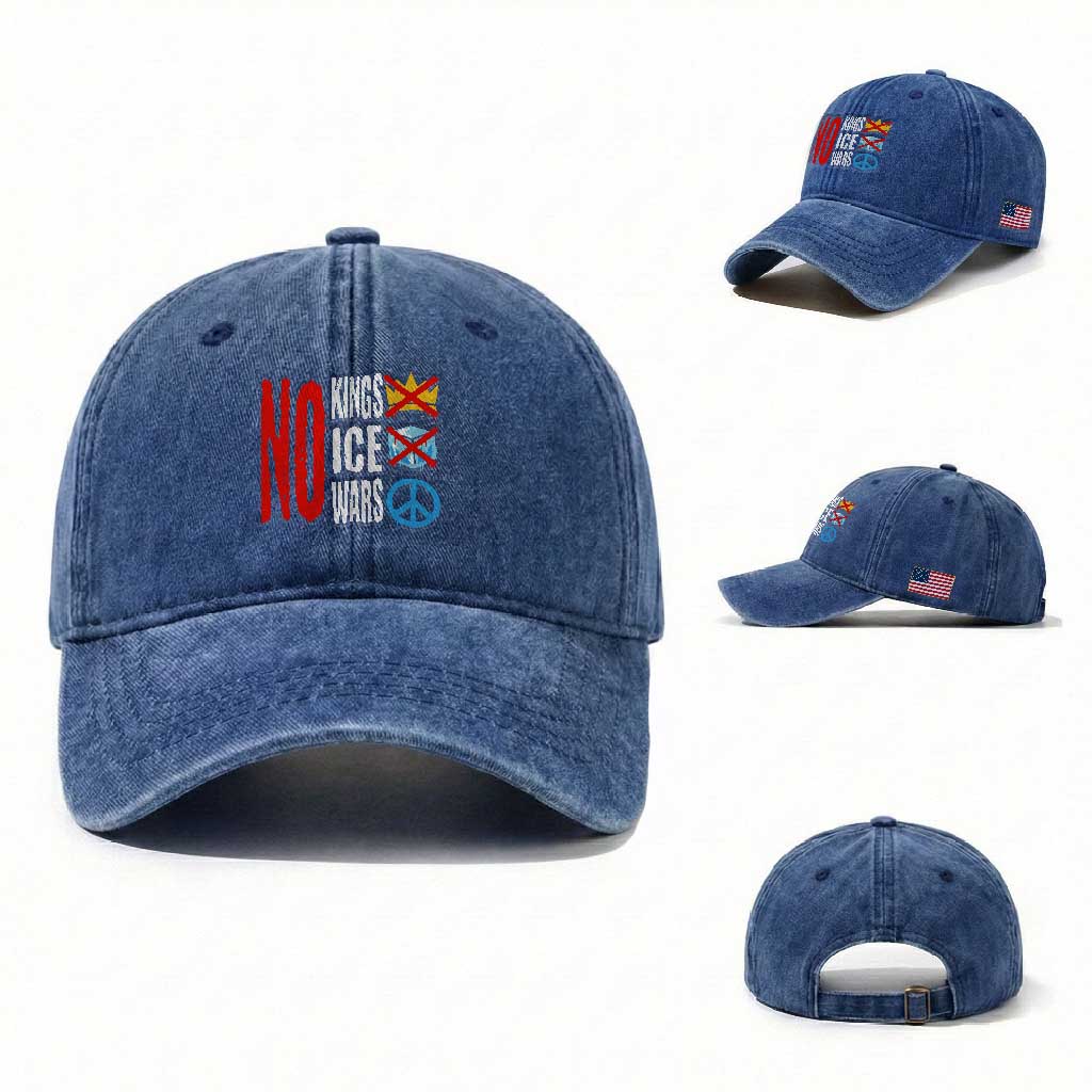 No Kings No Ice No Wars Washed Cotton Baseball Cap Political Protest Peace Sign TS11 Washed Cap Universal Fit Royal Blue Print Your Wear