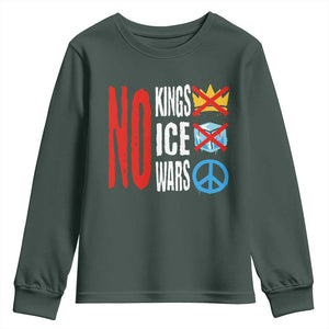 No Kings No Ice No Wars Youth Sweatshirt Political Protest Peace Sign TS11 Dark Forest Green Print Your Wear