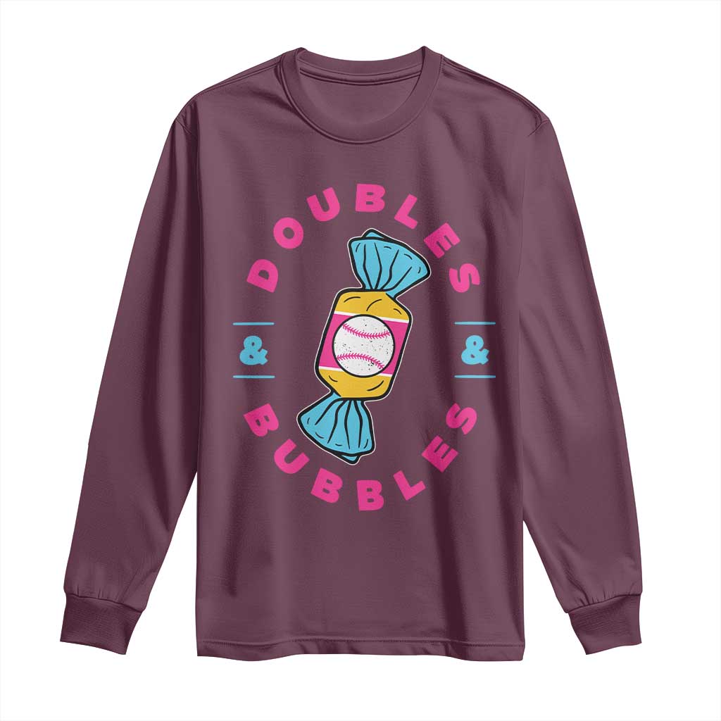 Doubles and Bubbles Baseball Candy Gum Long Sleeve Shirt TS11 Maroon Print Your Wear