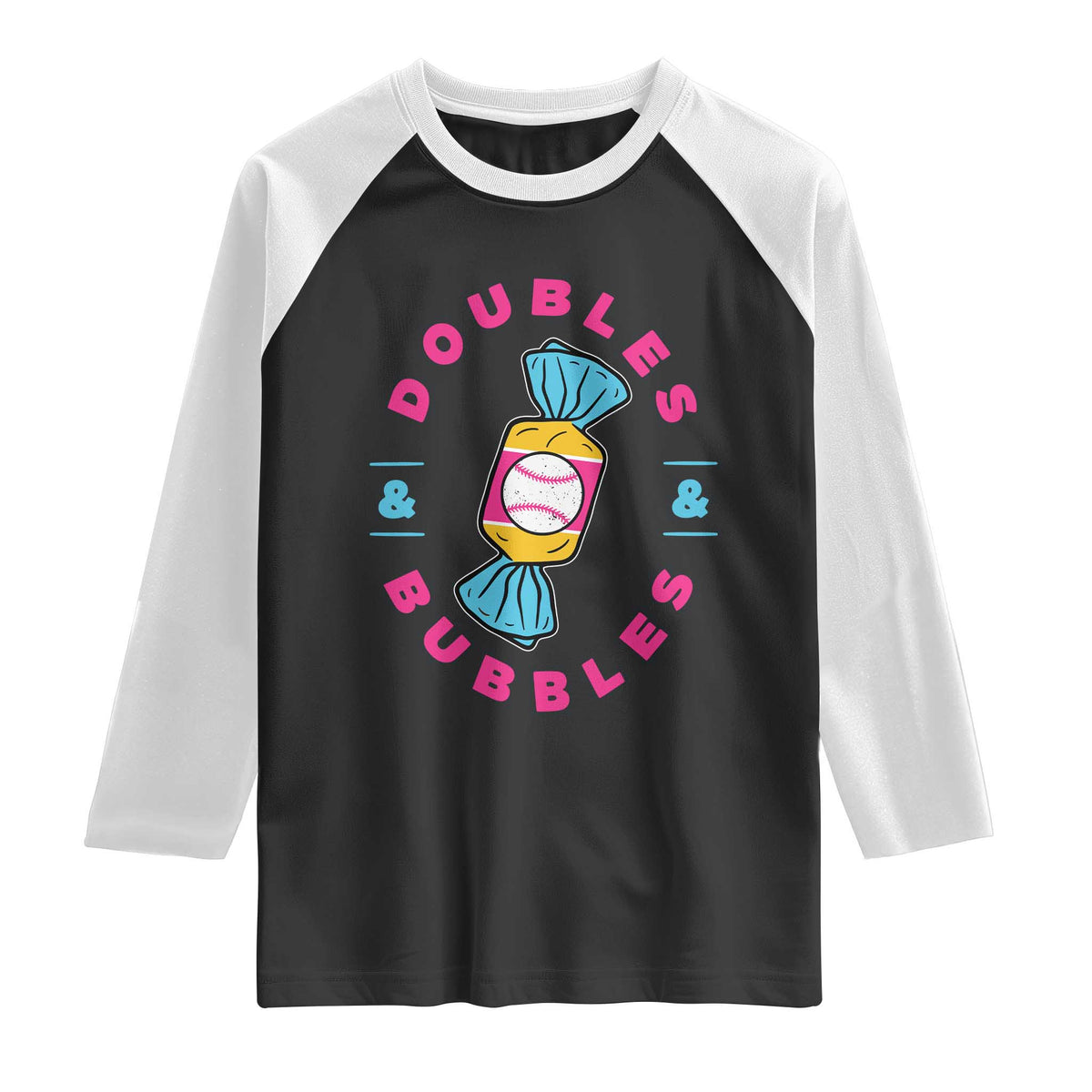 Doubles and Bubbles Baseball Candy Gum Raglan Shirt TS11 Black White Print Your Wear