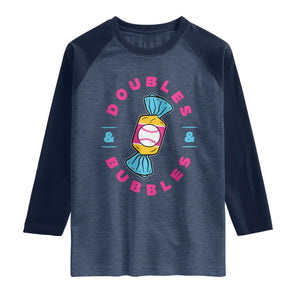 Doubles and Bubbles Baseball Candy Gum Raglan Shirt TS11 Heather Denim Navy Print Your Wear