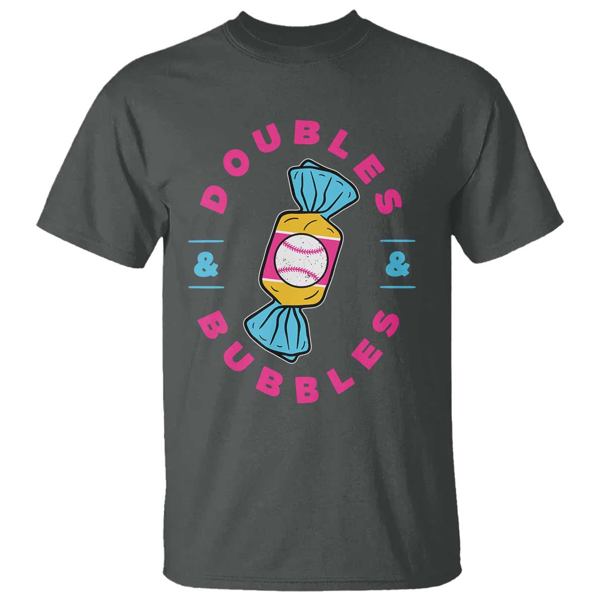 Doubles and Bubbles Baseball Candy Gum T Shirt TS11 Dark Heather Print Your Wear