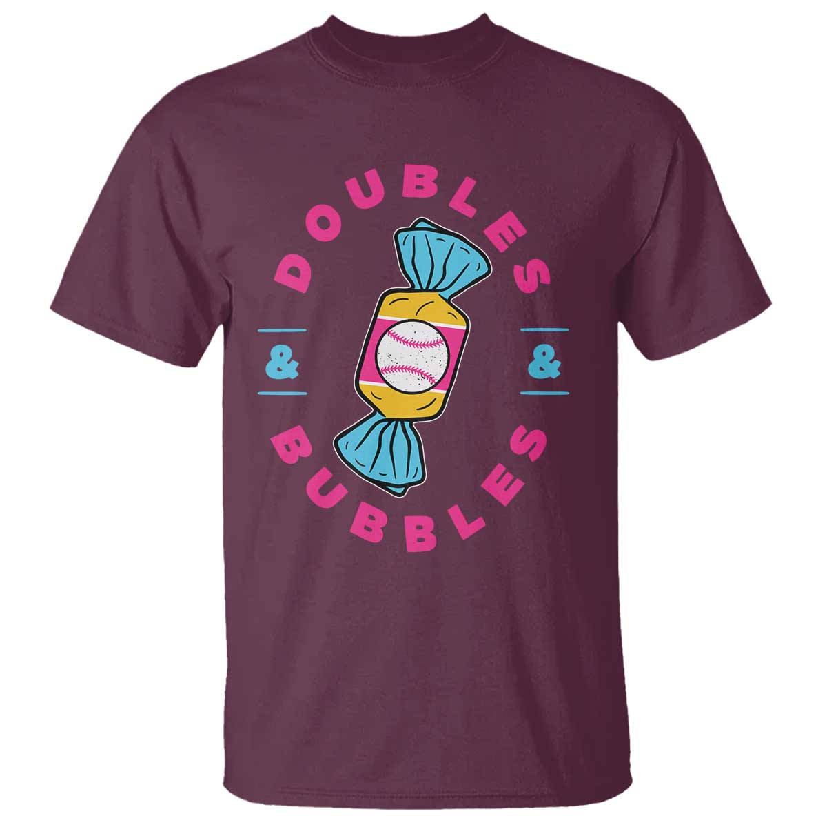 Doubles and Bubbles Baseball Candy Gum T Shirt TS11 Maroon Print Your Wear