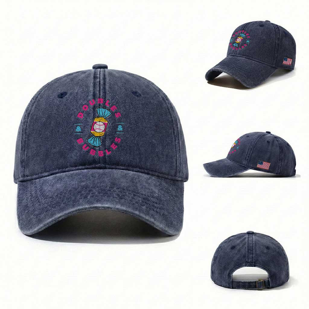 Doubles and Bubbles Baseball Candy Gum Washed Cotton Baseball Cap TS11 Washed Cap Universal Fit Navy Print Your Wear