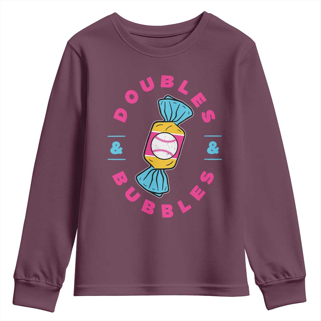 Doubles and Bubbles Baseball Candy Gum Youth Sweatshirt TS11 Maroon Print Your Wear