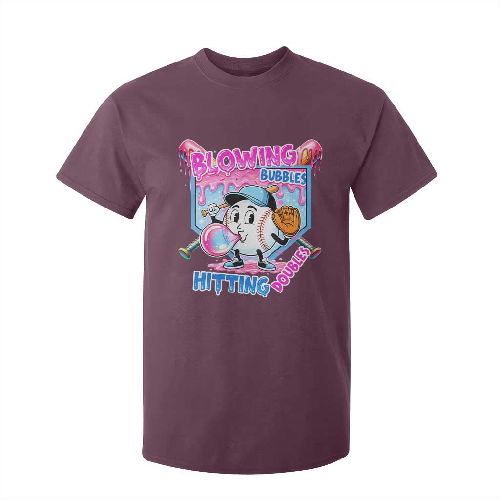 Baseball Blowing Bubbles Hitting Doubles T Shirt For Kid Sports Bubble Gum Lover TS11 Maroon Print Your Wear