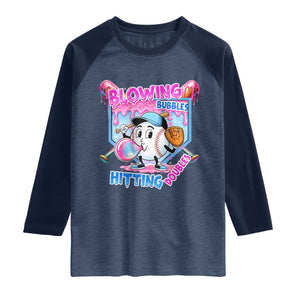 Baseball Blowing Bubbles Hitting Doubles Raglan Shirt Sports Bubble Gum Lover TS11 Heather Denim Navy Print Your Wear