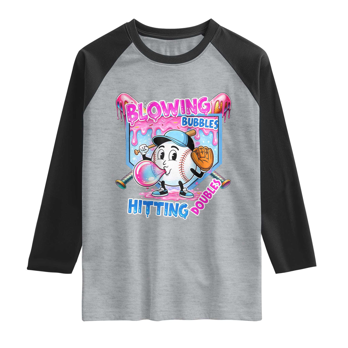 Baseball Blowing Bubbles Hitting Doubles Raglan Shirt Sports Bubble Gum Lover TS11 Heather Gray Black Print Your Wear