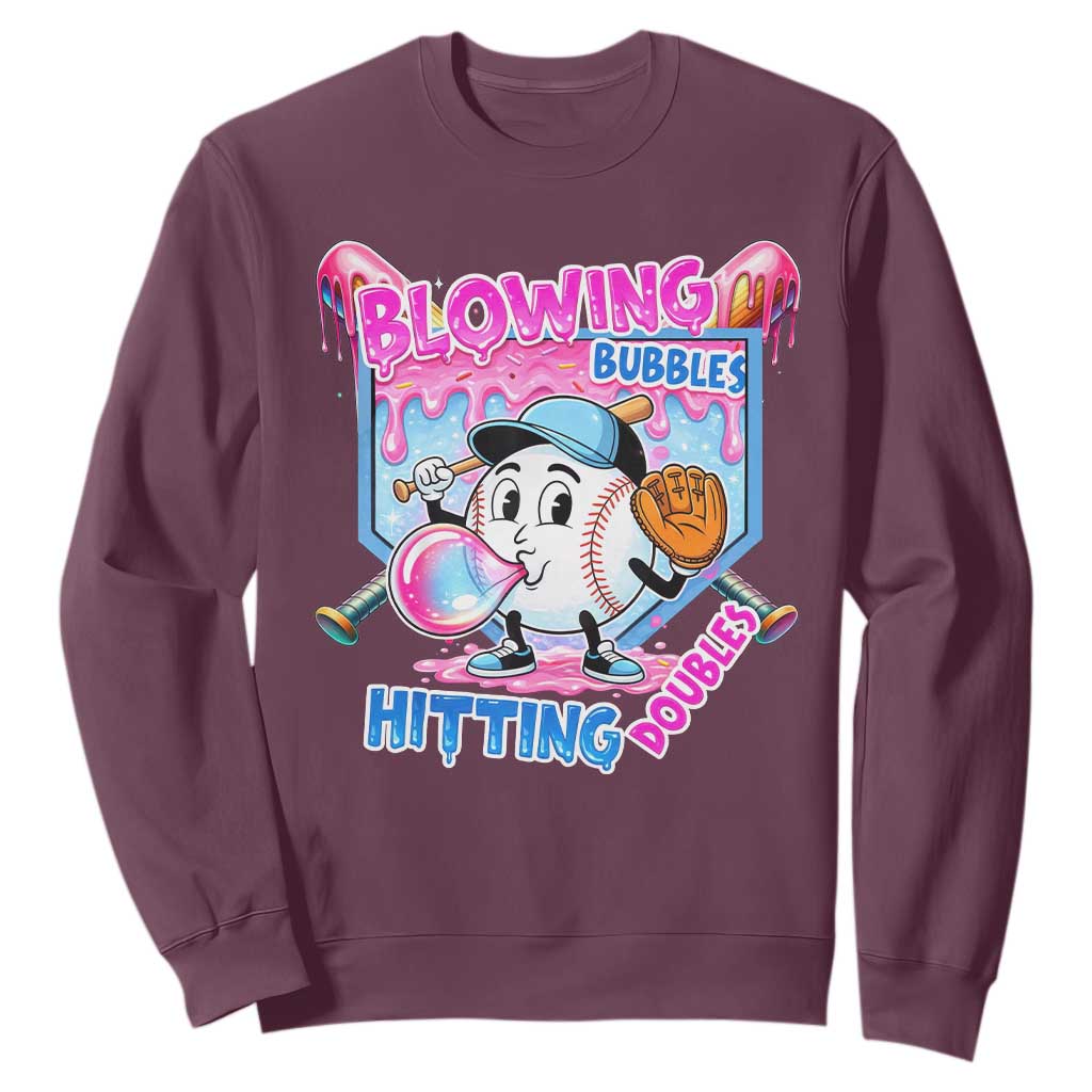 Baseball Blowing Bubbles Hitting Doubles Sweatshirt Sports Bubble Gum Lover TS11 Maroon Print Your Wear